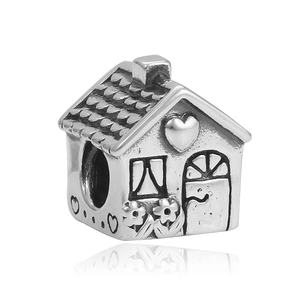 Oxidiertes 925 Silber Haus-Charm für Armbänder mit Herz- und Blumen-Relief-Details