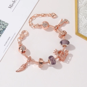 Bracciale con Charm di Perline DIY per Donna Placcato in Oro Rosa Lega Catena a Serpente Bracciale con Cuore Trifoglio Stella Marina Albero della Vita Perle di Vetro Gioielli Regalo