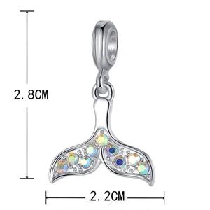 Detailed size view of silver whale tail pendant with rainbow crystals for DIY jewelry