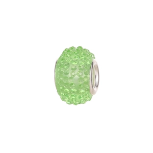 Macro detail of mint green resin bead with sparkling rhinestones and silver core