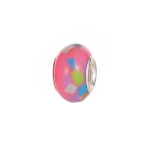 Close-up of pink translucent resin charm with colorful confetti and silver core