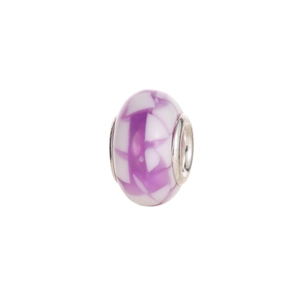 Macro view of purple and white mosaic glass charm bead with silver metal core