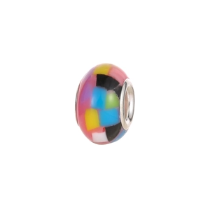 Close-up of colorful mosaic resin beads with silver metal core for DIY bracelet making