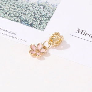 Pastel pink enamel cherry blossom pendant charm with gold-plated hollow bead for bracelets