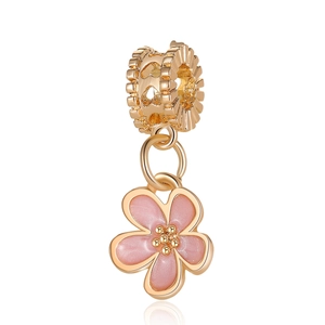 Floral cherry blossom charm in gold with pink enamel petals for DIY jewelry bracelets