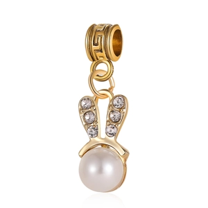 Golden rabbit ear pearl charm with sparkling rhinestones and Greek key pattern bail