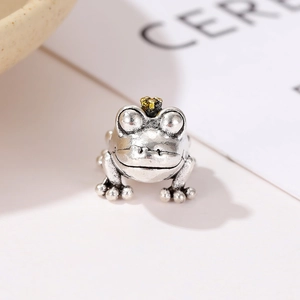 Perle de prince grenouille rétro en argent avec couronne dorée pour bracelet DIY
