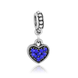Retro silver heart charm pendant with sparkling blue stones for DIY bracelet and necklace