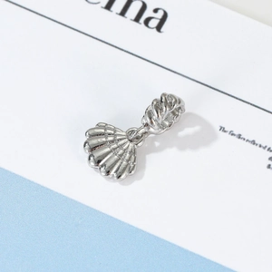 Silver sea shell pendant with pleated texture for DIY jewelry and necklaces