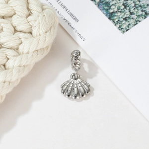 Silver seashell charm pendant with detailed engraving for DIY jewelry crafts