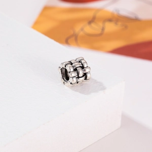 Abalorio cilíndrico de plata vintage con textura trenzada para pulseras y joyería DIY