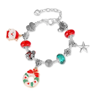 Bracelet à breloques de Noël avec Père Noël, couronne et perles colorées argentées