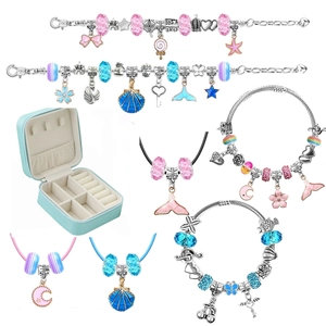 78-delige DIY-sieradenset met blauw-roze kralen, armbanden en draagbare opbergdoos
