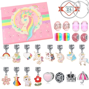 Calendrier de l'Avent Bijoux Licorne Compte à Rebours de Noël Kit de Fabrication de Bracelets DIY pour Filles Avec Pendentifs en Alliage et Perles Rose Boîte Cadeau