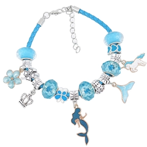 Bracelet sirène océan bleu avec cuir tressé, breloques argentées et perles de cristal