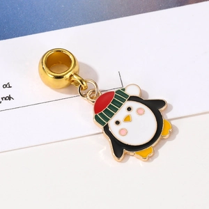 Cute penguin charm with Christmas hat and gold bail for DIY bracelet jewelry