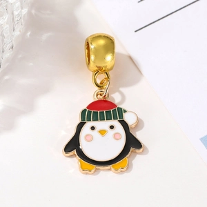 Cute Christmas penguin charm pendant with red and green winter hat for DIY bracelets