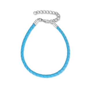 Bracelet en cuir tressé bleu ciel de 3mm avec fermoir mousqueton argenté et extension