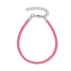 Bracelet 3mm en cuir PU tressé rose avec fermoir mousqueton argenté et extension