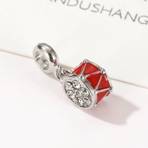 Silver musical drum pendant charm with red enamel and white zircon stones for DIY bracelets