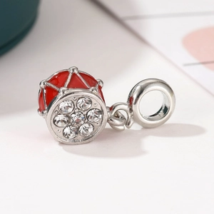 Musical drum charm pendant in red enamel with inlaid white zircons for bead bracelets