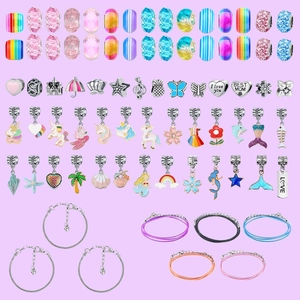 78pcs DIY jewelry kit with mermaid unicorn beads and bracelets on purple background