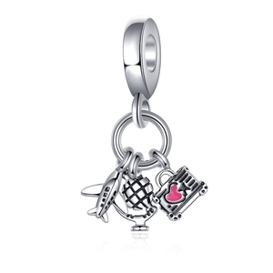 S925 silver travel charms featuring a plane, globe, and pink heart suitcase for bracelets