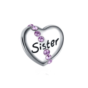 Pendentif cœur en argent poli avec gravure Sister et zircons roses et violets
