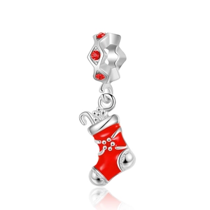 Ciondolo calza di Natale in smalto rosso e argento con pietre di zircone cubico