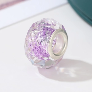 Faceted purple resin big hole bead with sparkling glitter and silver metal core insert