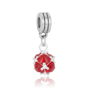 Detail of red faceted crystal ball charm with silver engraved loop for DIY jewelry making