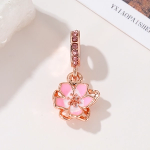 Pink cherry blossom flower charm in rose gold with zircon stones for DIY bracelets
