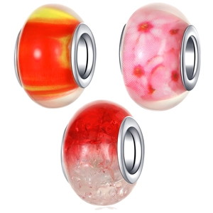 Handcrafted Resin Large Hole Charms Beads For Jewelry Making Pink Floral Red White Ice Crack Pattern DIY Bracelet Necklace Beads