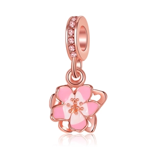 Sweet Pink Enamel Sakura Flower Charm Pendant Rose Gold Plated Alloy Zirconia Inlaid DIY Jewelry Accessory For Women Gift