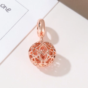 Bohemian rose gold hollow heart ball charm pendant with polished ring for jewelry DIY