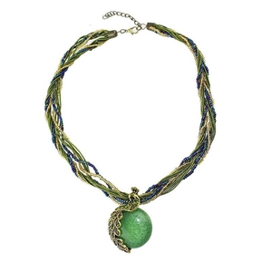 Bohemian multilayer green beaded necklace with vintage golden peacock ball pendant