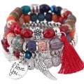 Bohemian multilayer beaded bracelet with tassel, crystal cat-eye stones, and heart charm