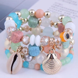 Boheemse Etnische Gelaagde Kralen Armband Met Schelp En Boze Oog Hanger Legering Hars Handketting Voor Vakantie Vrouwen Sieraden