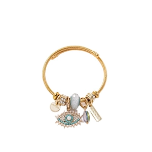Gold twisted wire bangle with Evil Eye crystal charm and handmade decorative pendants