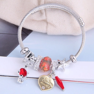 Bracciale di perle in acciaio inox con cuore Sisters, cristalli rossi e ciondolo gatto