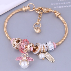 Women Gold Plated Alloy Honeybee Bracelet With Faux Artificial Pearl Rhinestone Crystal Heart Love Charm Snake Chain Fashion Jewelry