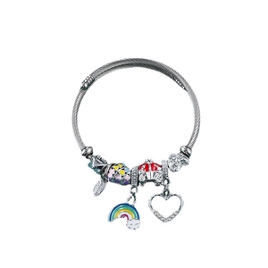 Rainbow charm stainless steel wire bracelet with colorful heart and candy pendants