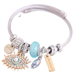 Multi-element evil eye charm bracelet with silver steel cable and crystals