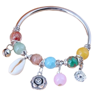 Bohemian silver bangle with colorful beads, rose flower, sun and shell charms