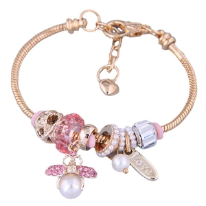 Golden snake chain bracelet with pink crystal beads and pearl bee pendant charm
