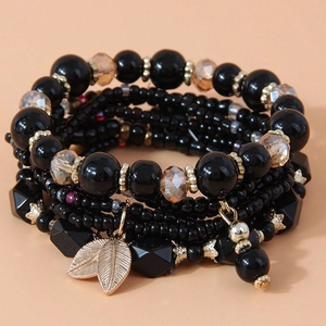 Böhmisches Mehrlagiges Perlenarmband Legierung Kunststoff Glas Kristallperlen Elastischer Handschmuck Mit Blattanhänger Für Damen
