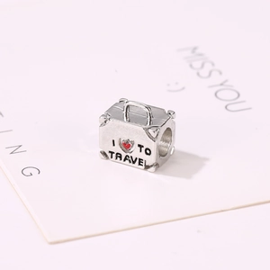 Silver travel suitcase charm bead with I Love To Travel engraving for DIY bracelets
