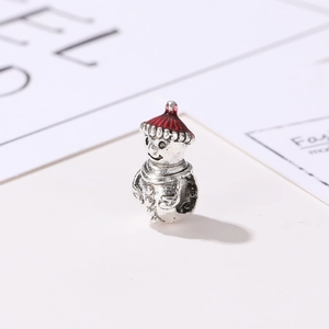 DIY Christmas snowman charm bead in silver metal with red enamel for charm bracelets