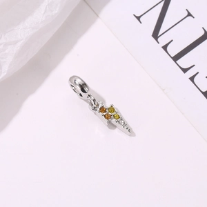Polished silver lightning bolt pendant with colorful cubic zirconia for DIY bracelets