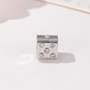 Polished silver metal dice charm bead with crystal rhinestones for DIY jewelry making
